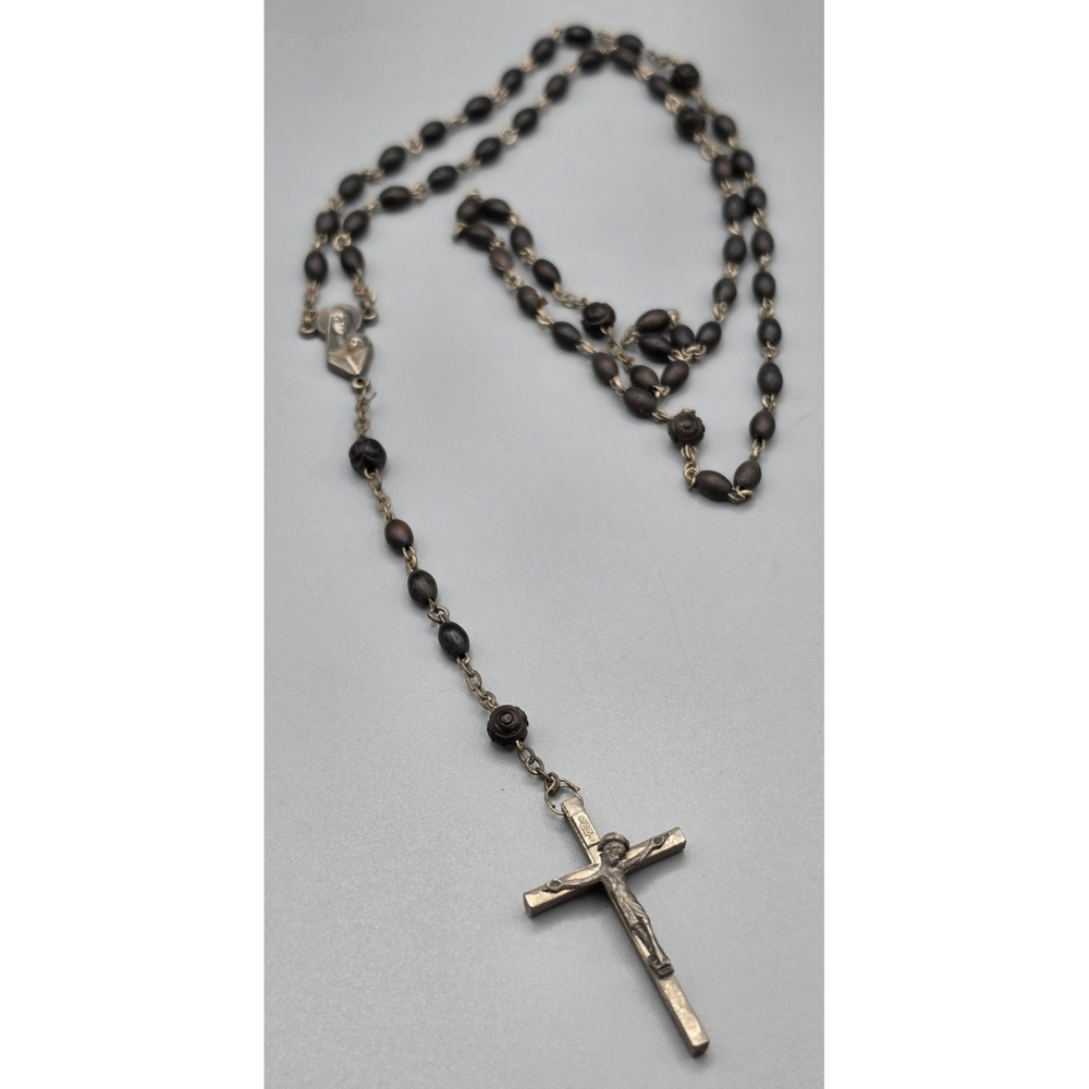 Vintage Italy Catholic Rosary Dark Wood Beads Madonna Child INRI Crucifix